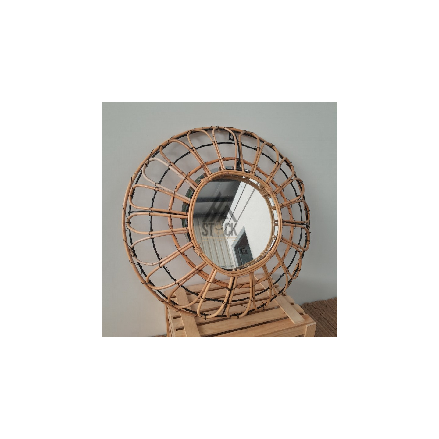 Miroir rond en rotin tressé - 11 pièces